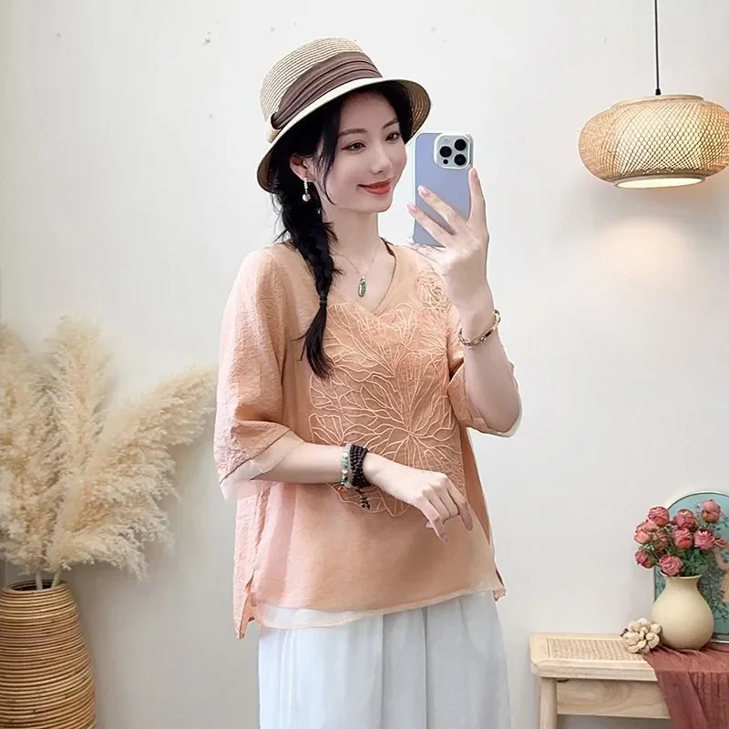 

Women's Vintage Double-Layer Embroidered Linen Blouse Loose Fit Spliced Casual Top In Apricot
