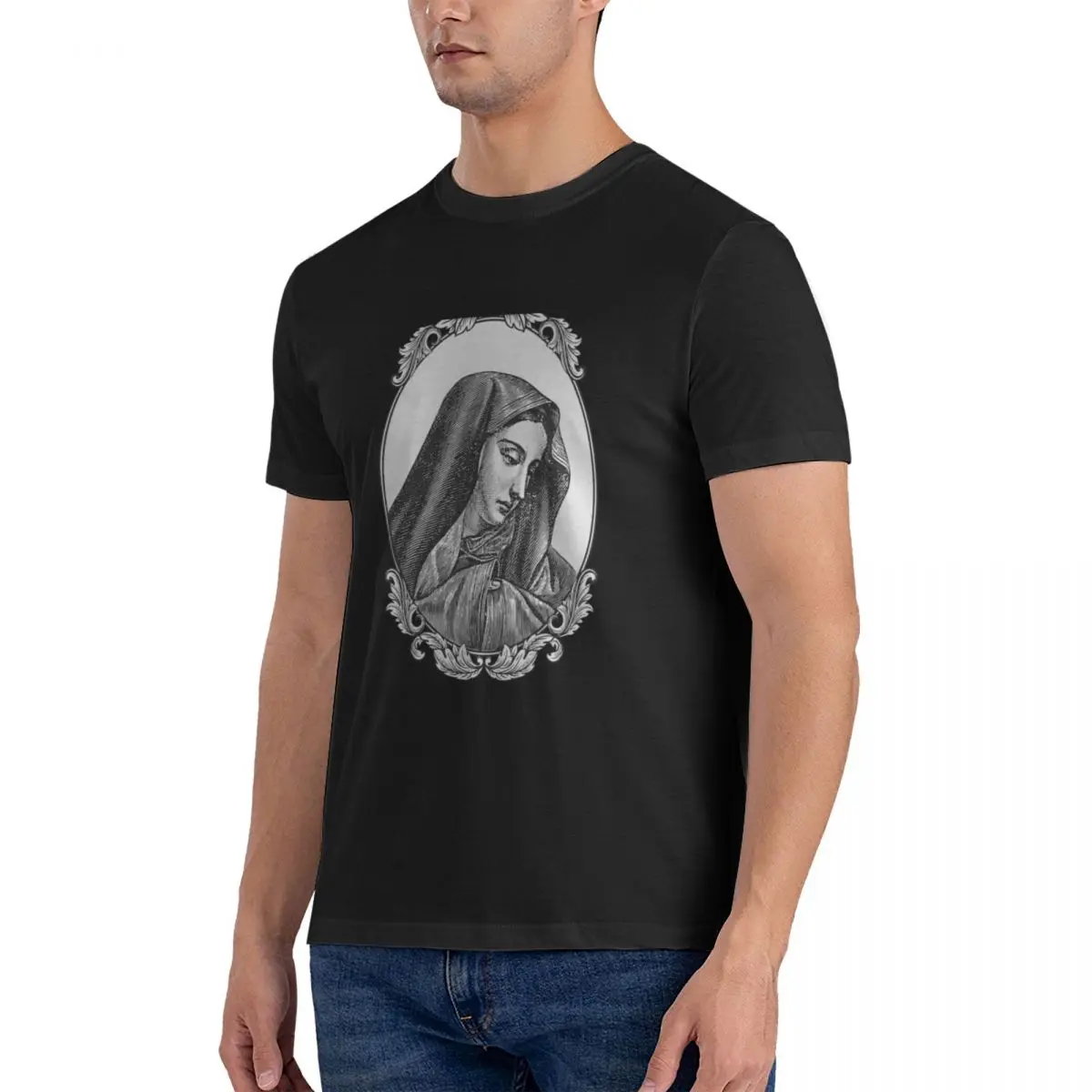 Vintage Virgin Mary Maria Portrait Daily Men's Basic Short Sleeve T-Shirt