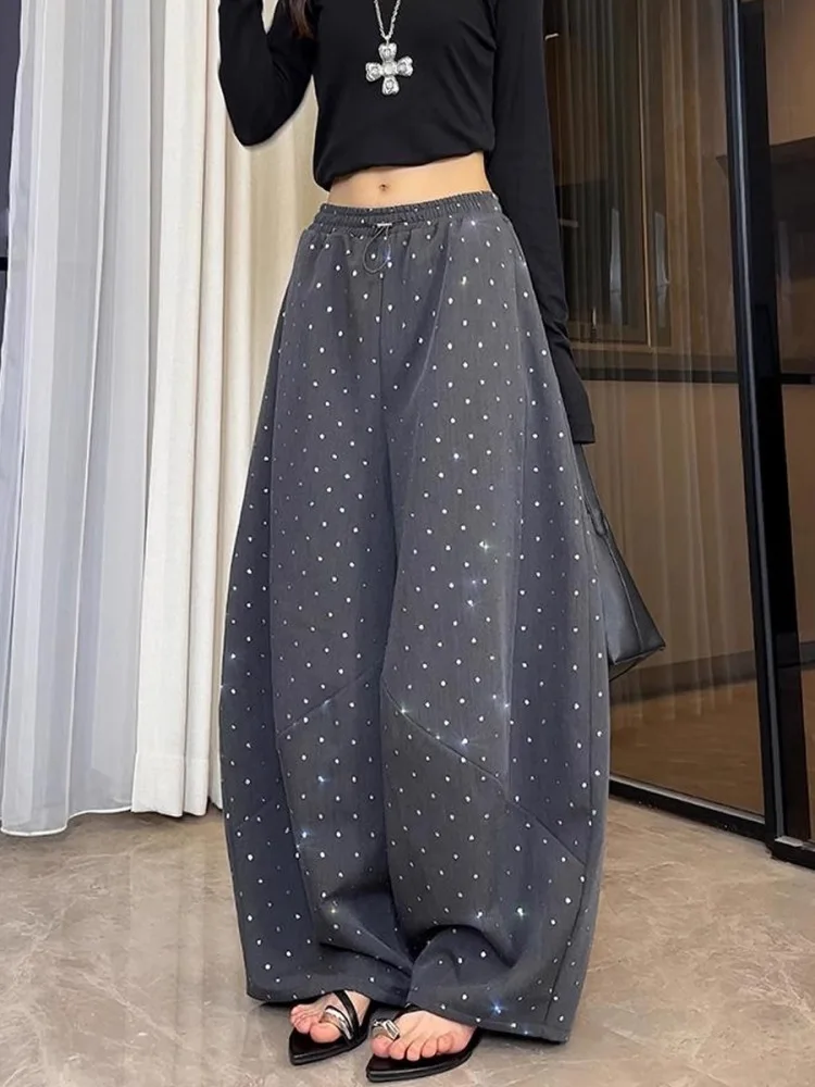 حجم كبير السراويل الصيفية غير الرسمية طول الأرض واسعة الساق رقيقة البولكا نقطة حجم كبير المرأة عالية الخصر السراويل الطويلة الكورية Sle