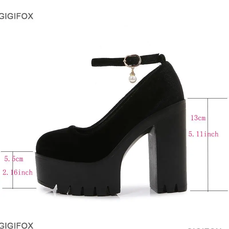 GIGIFOX New Platform Chunky Heeled Pumps For Women Velet Ankle Strappy Block High Heels Shoes Spring Dress Office Mary Janes