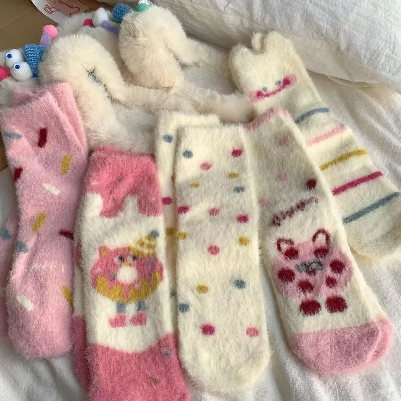 5pairs Sweet Pink Velvet Socks Women Padded Thickened Warm Sleep Socks Winter Cute Furry New Year's Gift Floor Socks 2025 Winter