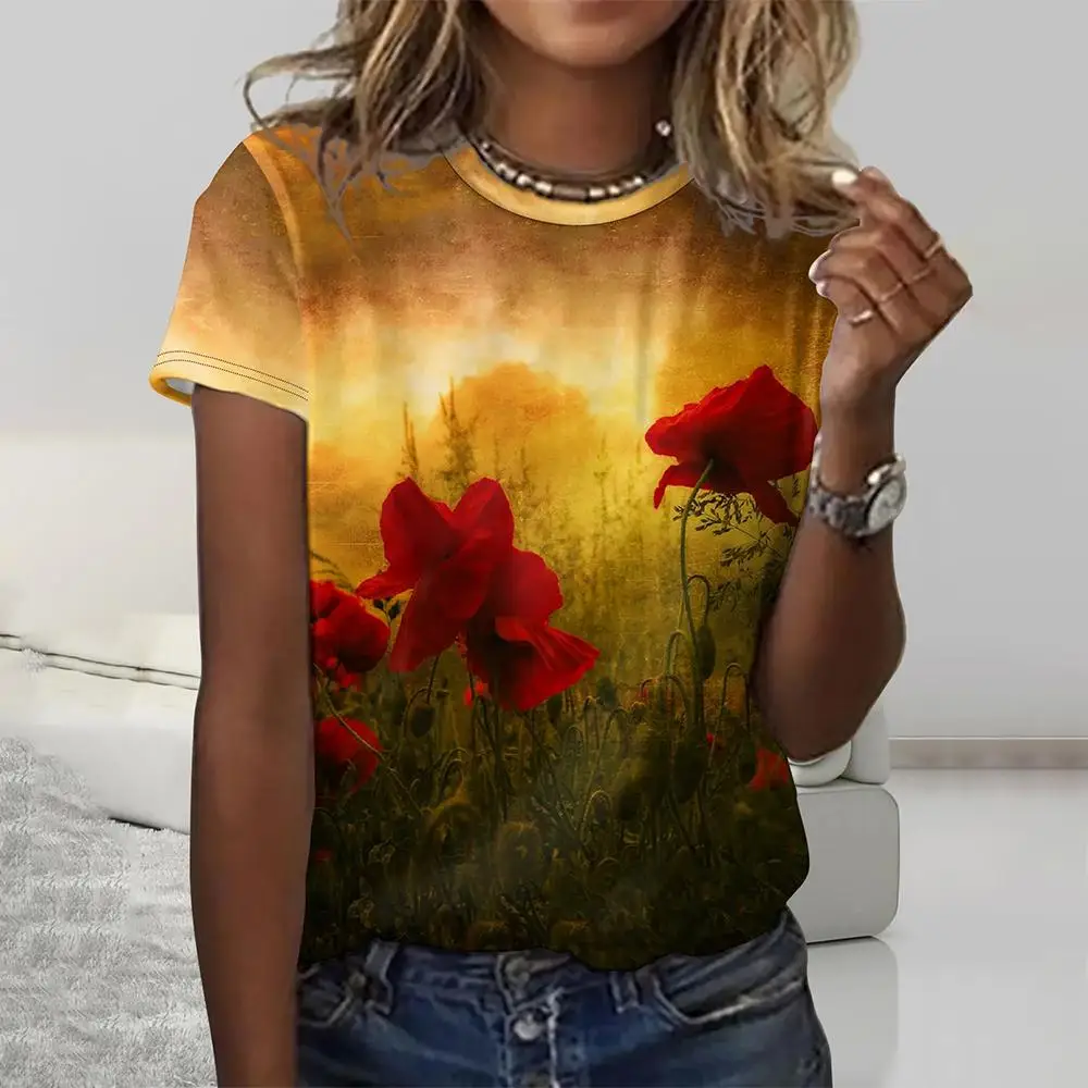 

Dusk Roses Print Women's T-shirts New Crew Neck Short Sleeves T shirt Summer Fashion Y2K Women Clothing Tops Loose Streetwear