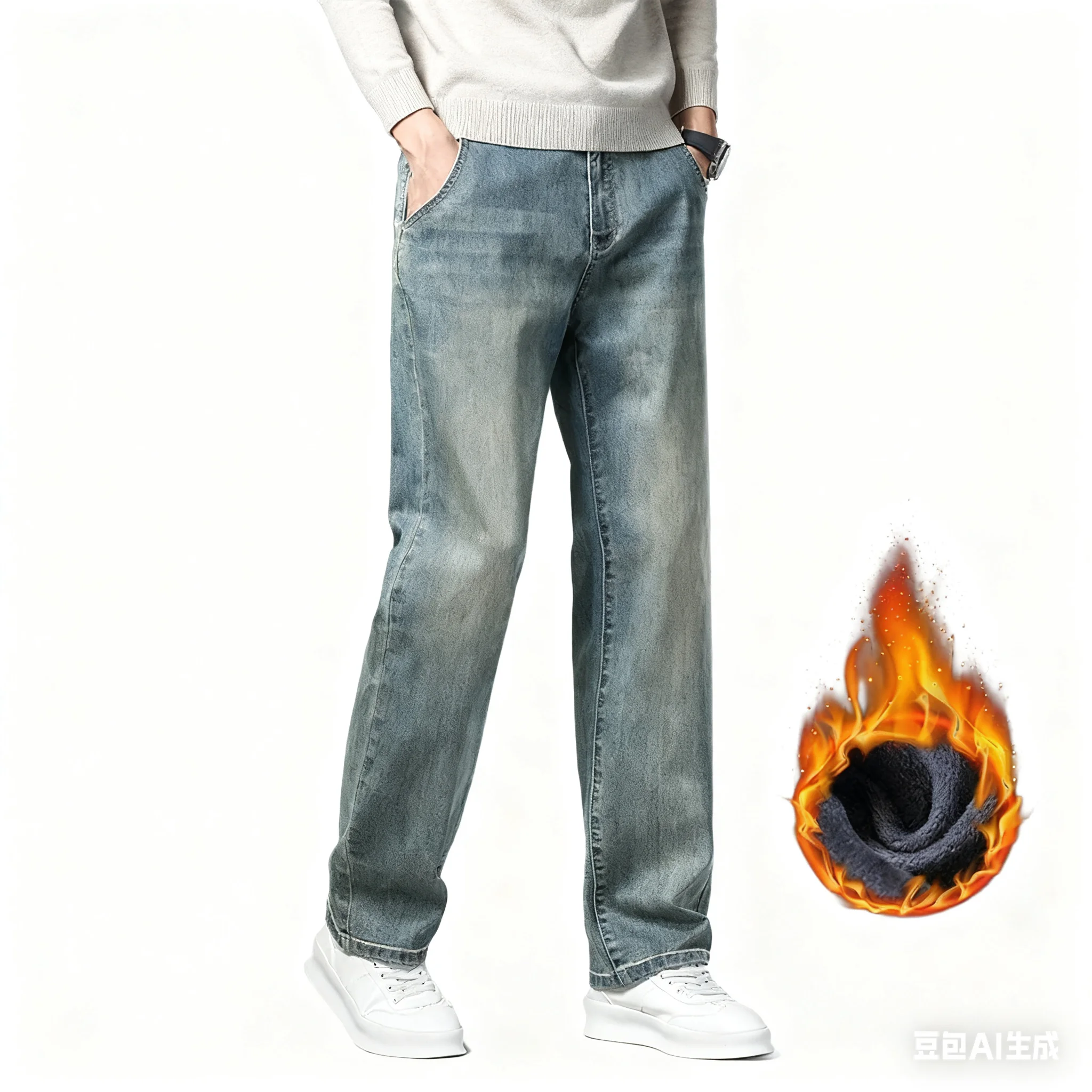 

Winter Loose Men's Fleece Thick Jeans Casual Straight Comfortable Warm Plush Denim Trousers Fashion Vintage Velvet Pants