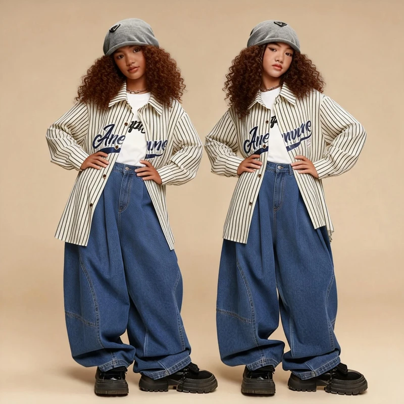 

Детские полосатые рубашки свободного кроя, рубашки для танцев в стиле хип-хоп для мальчиков и девочек, модные детские топы с длинными рукавами, осенняя одежда для уличных выступлений.