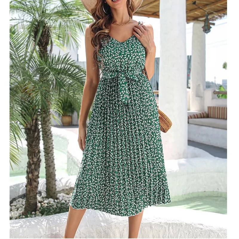 

Elegant Floral Print Pleated Dresses Women Summer Dress YEMOGGY 2022 New Casual V-Neck High Waist Lace Up A-Line Midi Dress