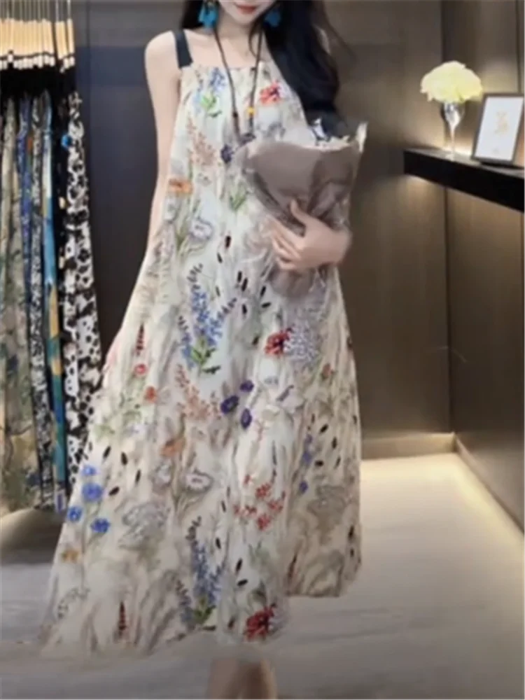 

Summer New Women's Floral Print ter Dr Draped Loose Sle Korean Version Silk Material Commute Friendly Mid-Length Skirt