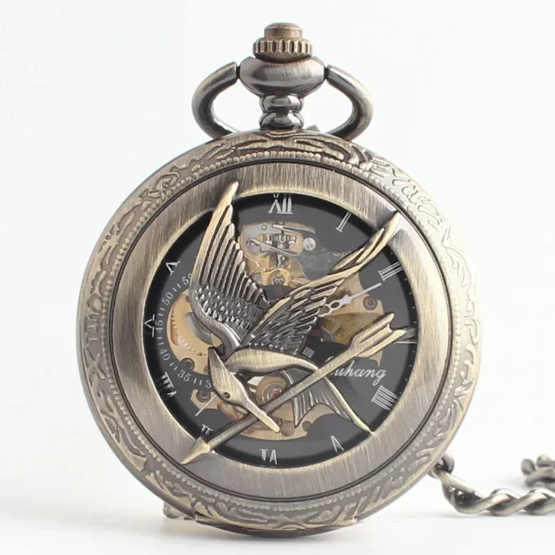 

Steampunk Skeleton Engraved Mechanical Pocket Watch Roman Numerals Display Pin Chain Vintage Clock Collectible