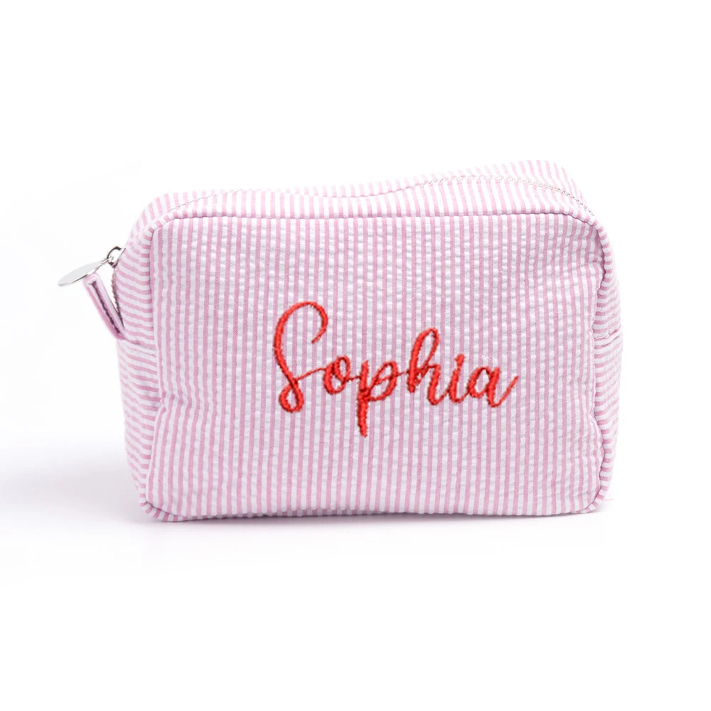 New Embroidered Name Women\'s Travel Toiletry Bag Personalized Seersucker Cosmetic Bag Unique Gift Handbag Purse Clutch Bag