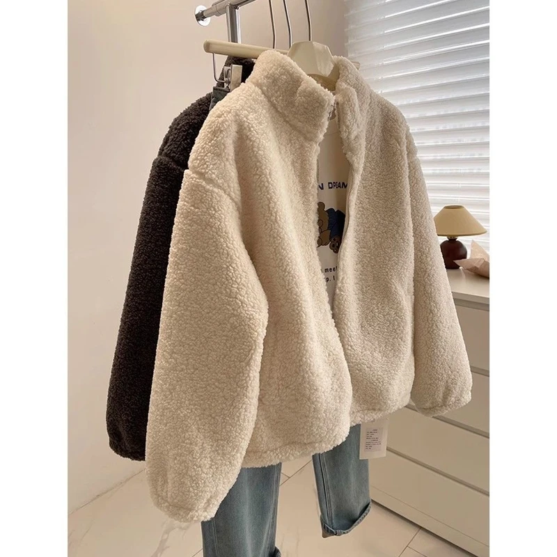 

Thickened Casual Zipper Lamb Fur Jacket Women's Winter Small Size Japanese Style Stand Collar Outerwear Korean Version Commute
