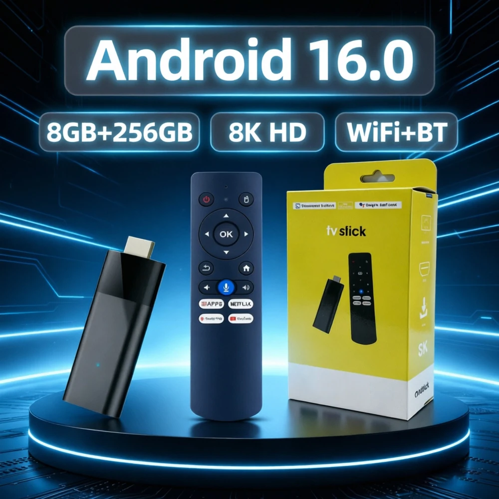 Android 16 Smart TV Stick Q12 Allwinner H313 Reproductor Multimedia de Google, Netflix y YouTube, Wifi Dual de 2.4G y 5G, BT5.4, Voz, 8K HD, 128GB 256GB