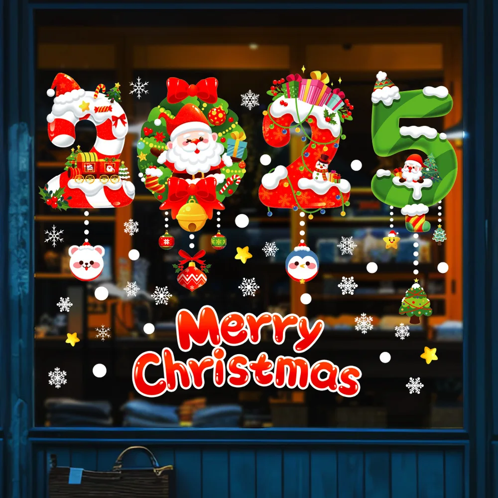 

2025 Christmas Window Stickers Santa Claus Snowman Static Cling Glass Stickers Kids Room Wall Decals Xmas 2025 Home Decor
