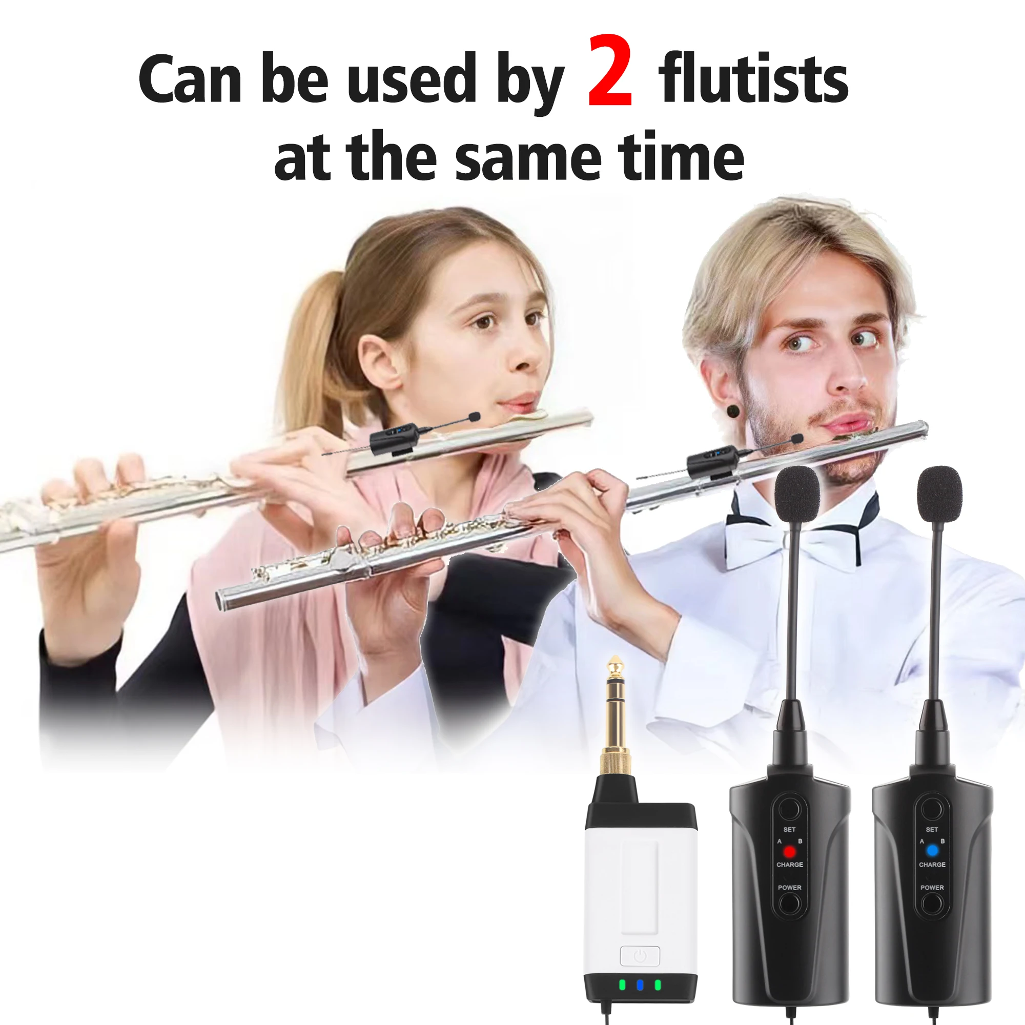 Flute  Double Microphone   Q2/DT-5 Instrument UHF Wireless Mic Micro-Gooseneck Pick Up Receiver and 2 Transmitter System