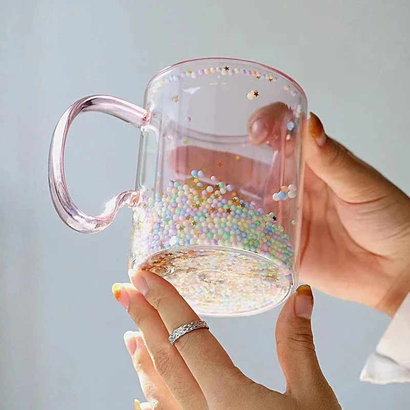 Korean ins Girl Heart  Kawaii  Bubble Star Sky Cup Star Sequin Double Wall Glass Coffee Cups Handle Heat Resistant Milk Mug