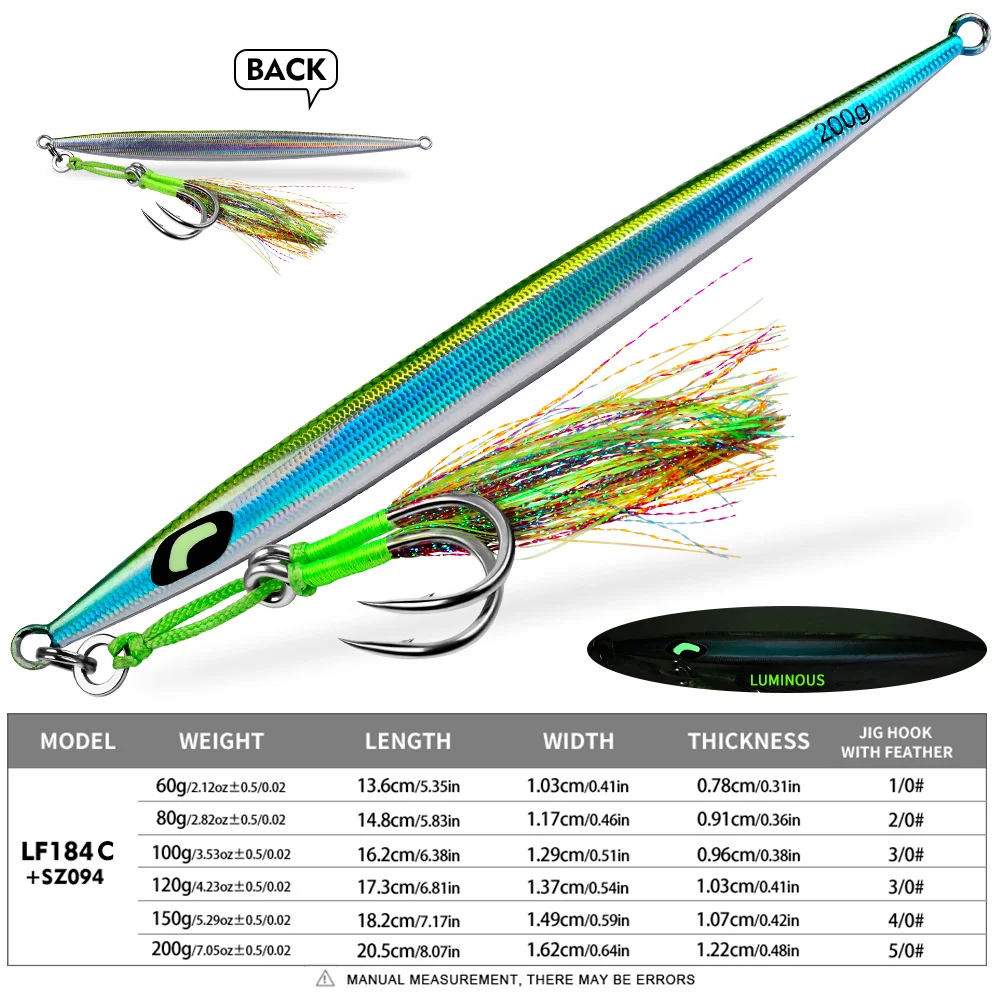 Proberos 1 Stück Simulierter 3D-Fischschuppen-Hardbait, schnell sinkender, leuchtender Metall-Jigging-Köder 60g-200g mit Haken, Bass- und Meerwasserköder