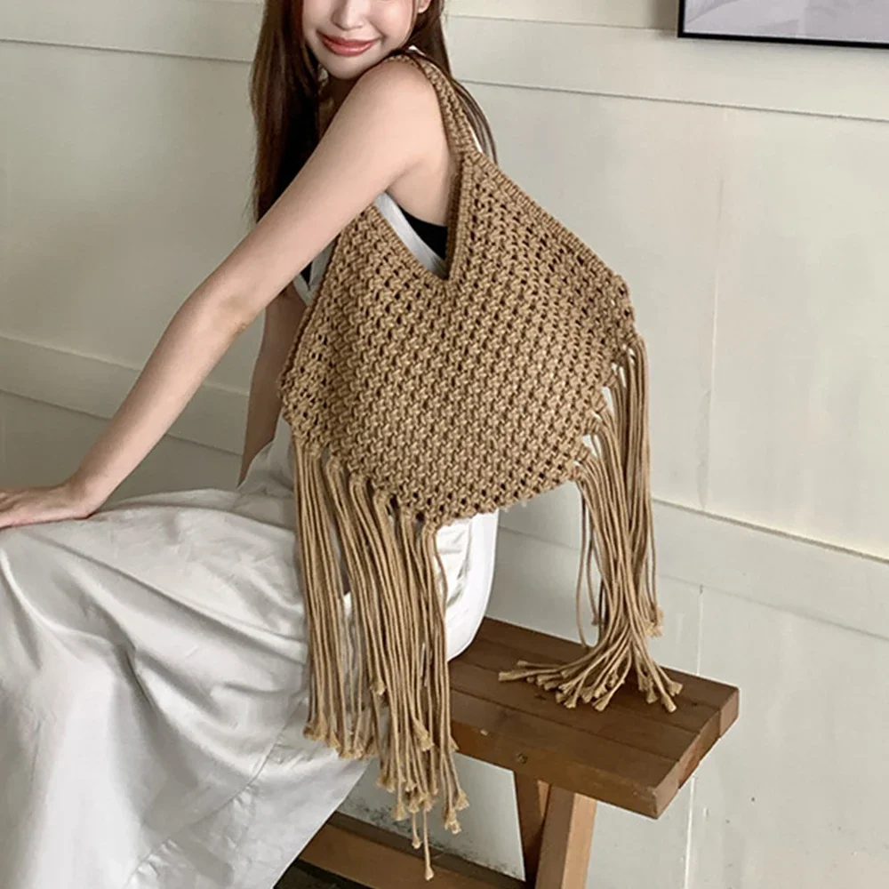 

Long Tassel Crochet Shoulder Bag Bohemian Rope Woven Bags for Women Handbag Handmade Knitted Beach Bag 2025 Travel Shopper Tote