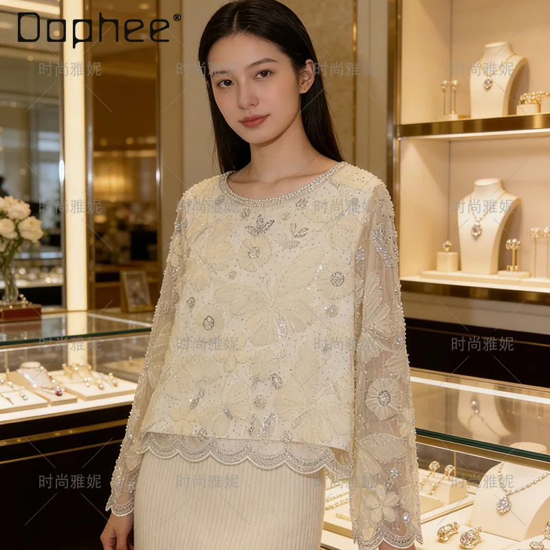 

Fashion Heavy Industry Sequined Beaded Lace Flower Butterfly Long Sleeve Crew Neck Versatile Top Light Luxury Pearl Top Women