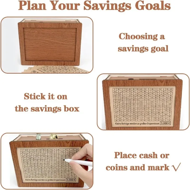 بنك نقود جديد مع صندوق نقود خشبي، صندوق توفير نقدي للبالغين، صندوق توفير أموال خشبي لتوفير الهدف بنفسك
