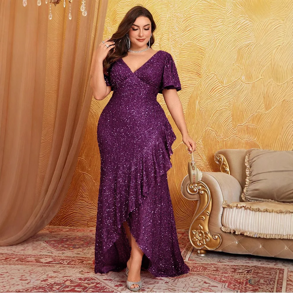 Abito lungo da sera/matrimonio a sirena con paillettes rosa cipria taglie forti da donna, scollo a V profondo, maniche corte a volant, orlo asimmetrico