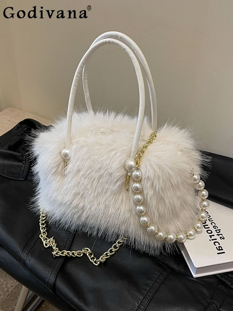 Fashion Solid Color Pearl Chain Women's Cross-Body Bags Autumn Winter Furry Handbag Casual Pillow Bag Horizontal Square Bags