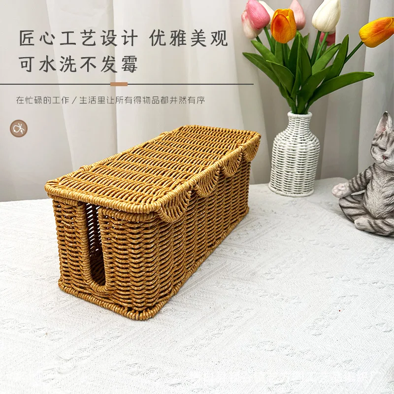 Nordic Pastoral Desktop Power Strip Socket Organizer Box Woven Style Bedroom Data Cable Power Cord Storage Basket for Home Decor