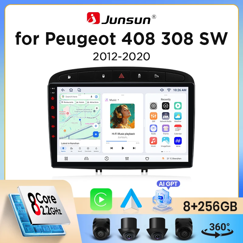 Autoradio Junsun sans fil CarPlay Android Auto pour Peugeot 308 / 308 SW Mk1 (T7) / RCZ / 408 2007-2015 avec ventilateur de refroidissement intégré, navigation GPS Android, lecteur multimédia, WiFi,