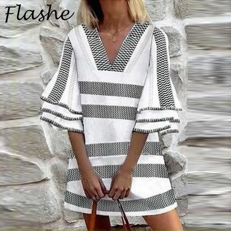 Casual Mini Dress Woman V Neck Summer Dress Plus Size Vintage Print Ruffle Sleeve Loose Beach Dress Ladies Party Dresses 2024