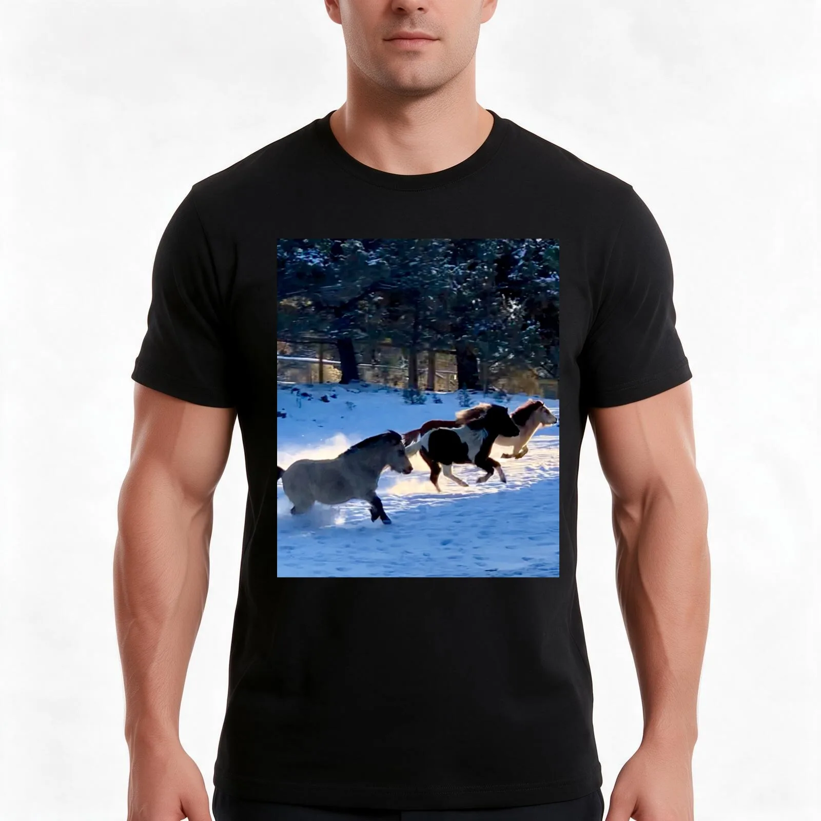 Miniature Mini Horses Winter Snow Running T-Shirt Summer Casual Cotton Tee Oversized Streetwear Tops Vintage Graphic Print