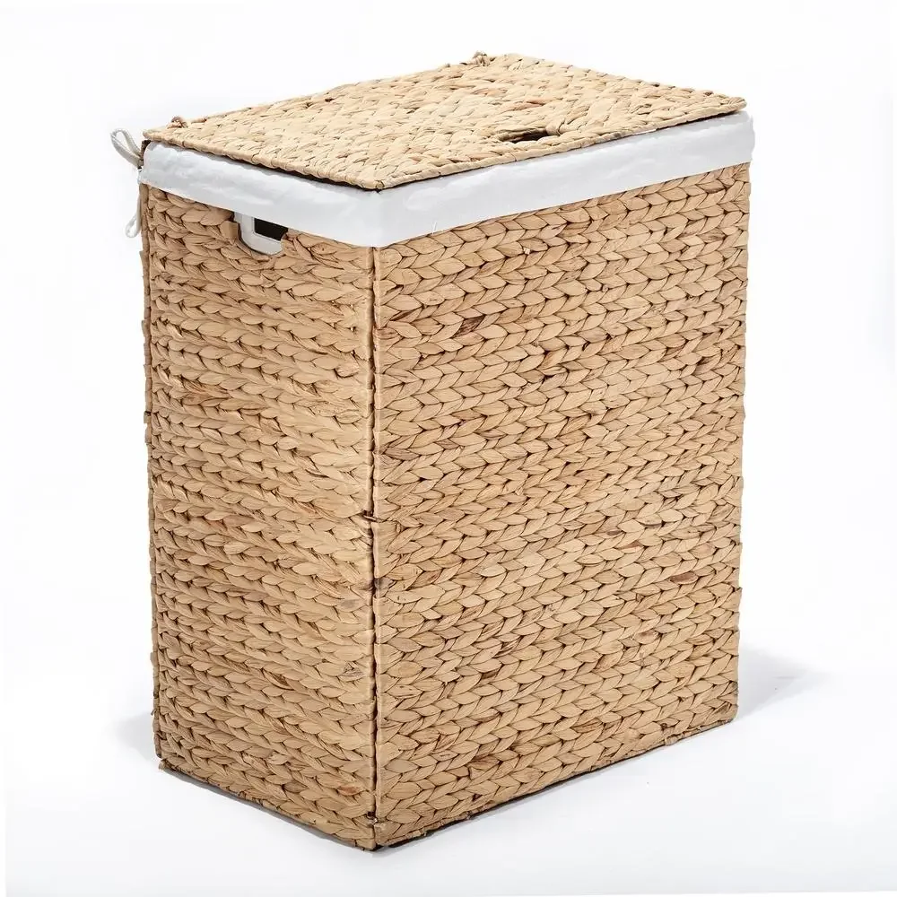 Foldable Water Hyacinth Laundry Basket with Lid & Removable Liner Handwoven Hamper Portable Design Steel Frame Support 100%