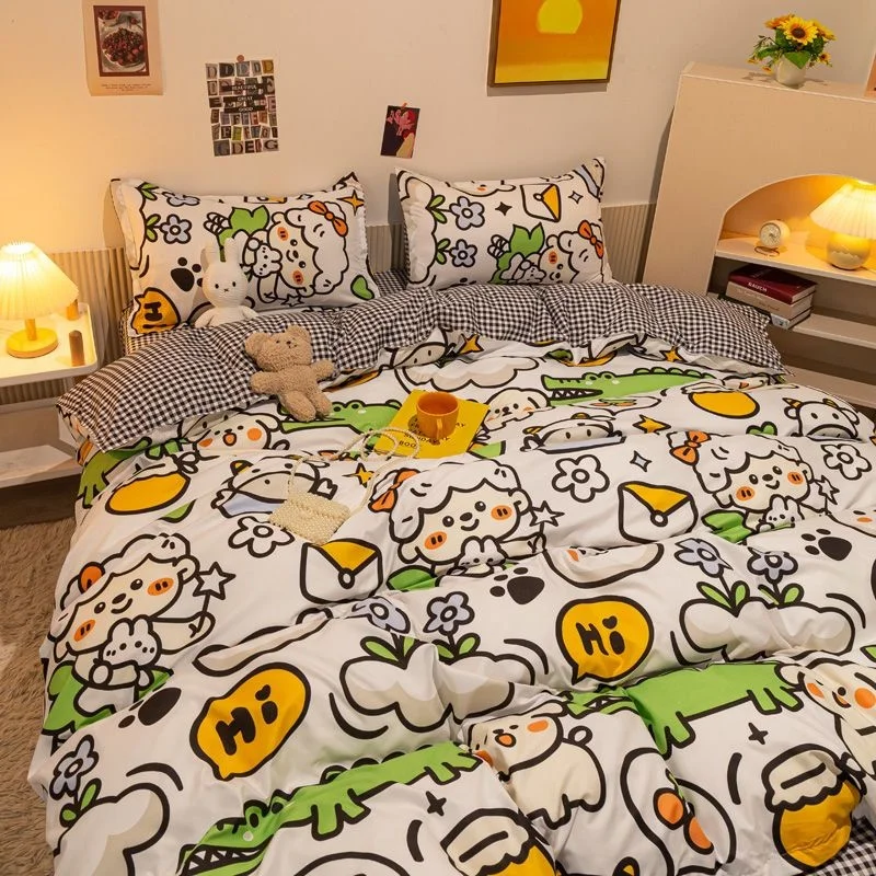 

Korean Style White Cute Sheep Bedding Set Twin Full Queen Size Bed Linen Girls Floral Bed Flat Sheet Pillowcase Kawaii