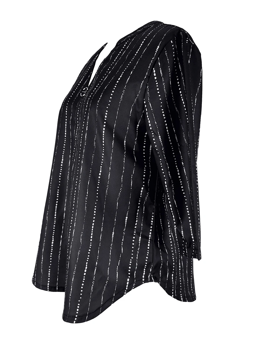 Damen Freizeitbluse mit V-Ausschnitt, 3/4-Ärmeln, plissierter Vorderseite, Metallring und gestreiftem Print – lockere Tunika-Oberteil, modisches Damen-Shirt – Detail 6