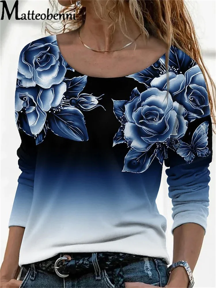 3D Floral Printing Long Sleeve Top Casual Women O-Neck T-Shirts Gradient Color Printed Loose Autumn Spring Fashion Clothes Lady