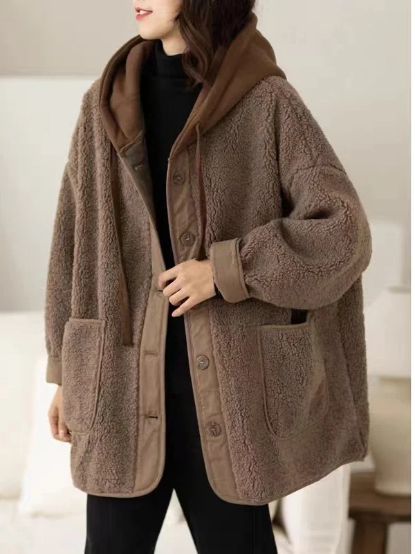 

plus Size Women's Retro Lamb Fur ort Coat Winter Thiened Sli Casual All-match Hooded Coat Korean