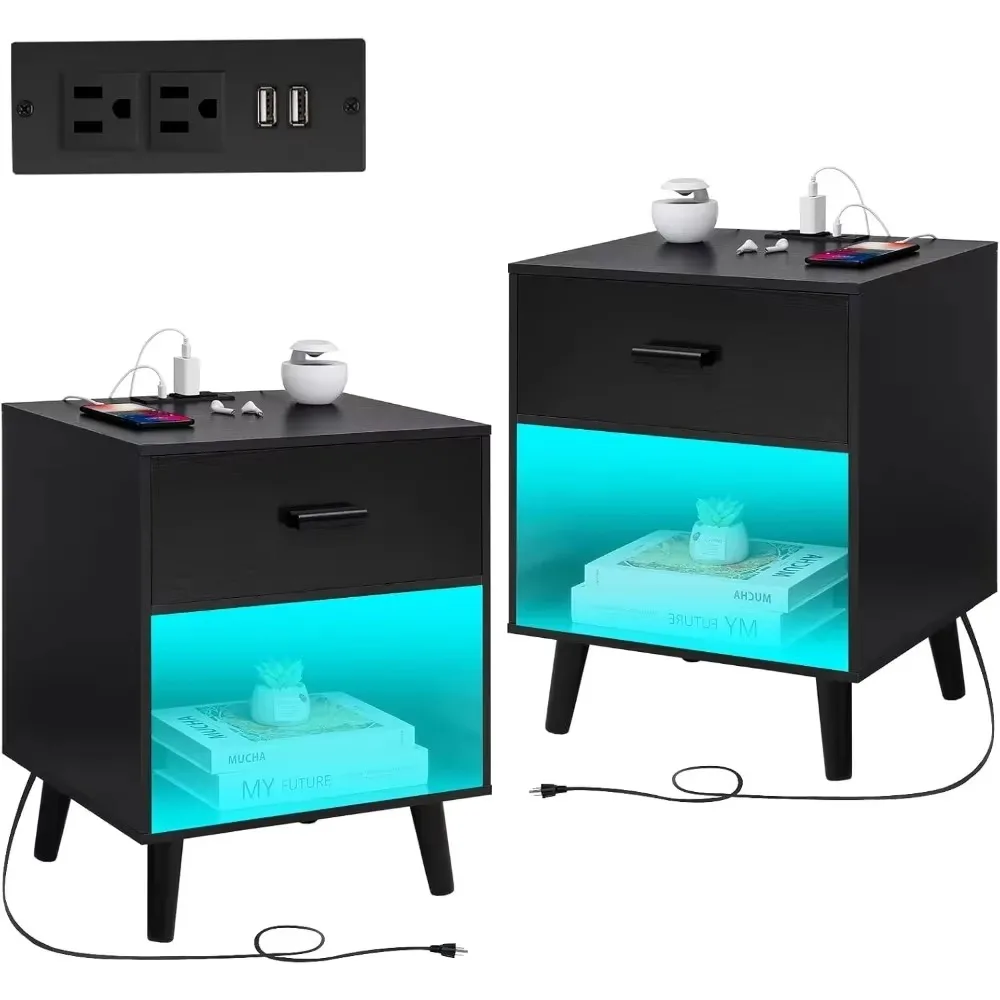 Nightstands Set of 2, Nightstand with Charging Station & LED Light, Night Stands with Drawer for Bedroom