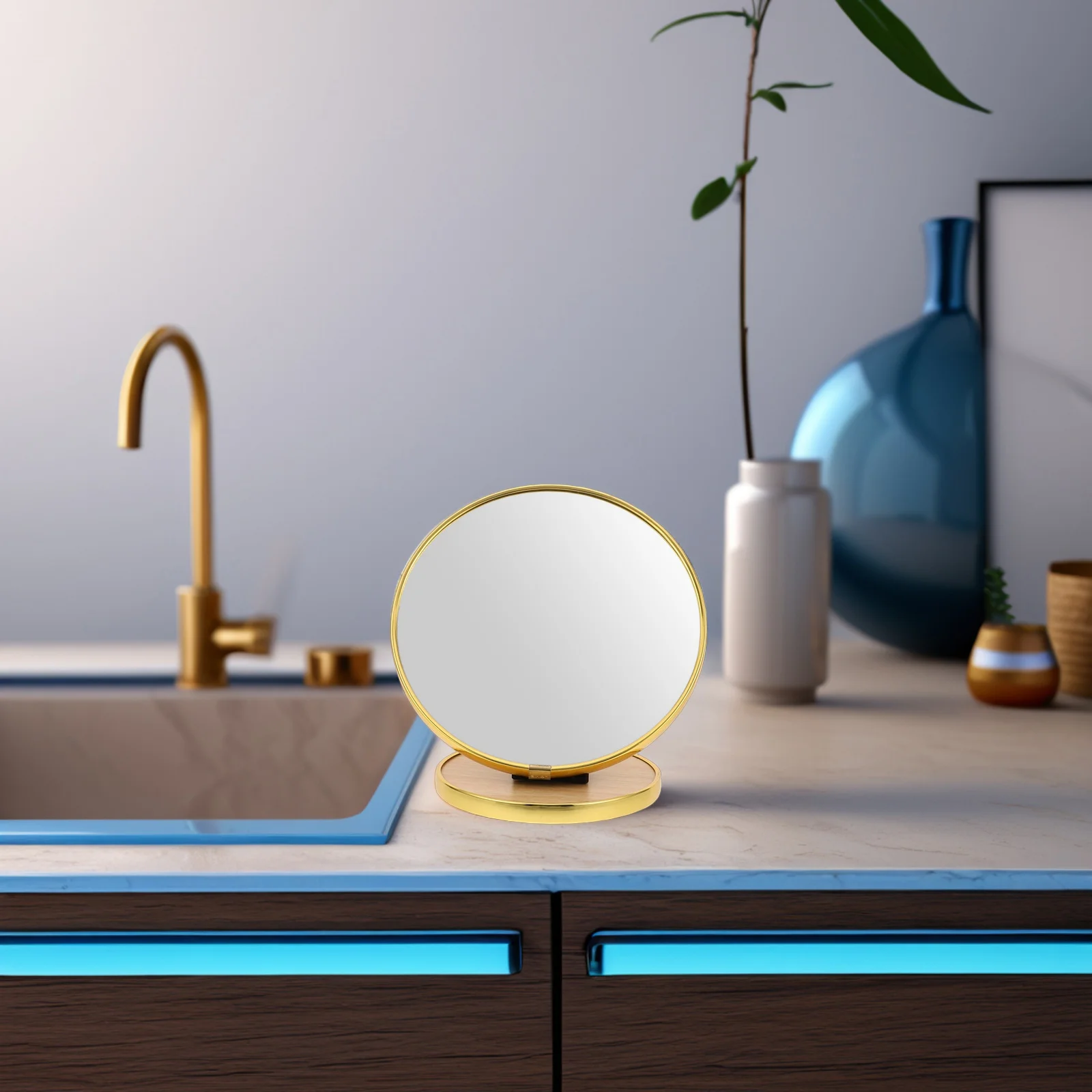 مرآة مستديرة محمولة مع حافة معدنية، تصميم قابل للطي، مرآة مكياج لسطح المكتب بزاوية قابلة للتعديل للحمام في المهجع #2