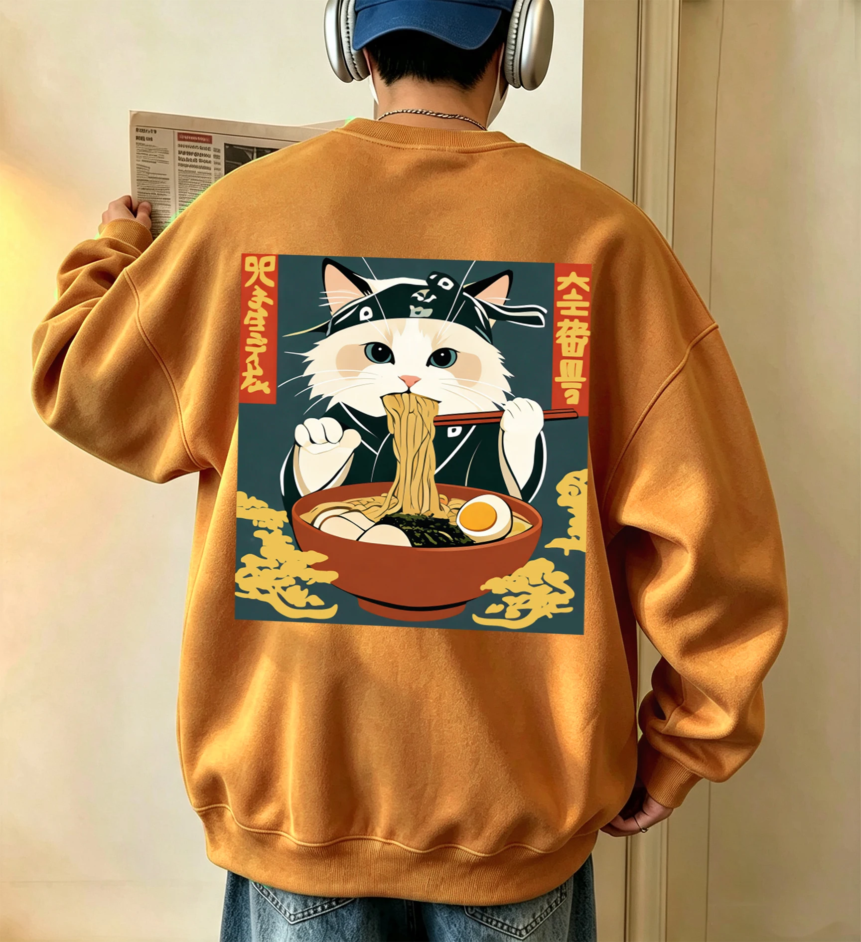 Cats Who Like Lamian Noodles Very Much Prints Man Spring Autumn Fleece Pullovers Comfortable Daily Sweatshirts Street Soft Tops