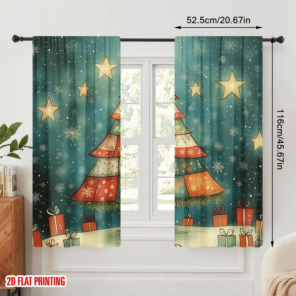 2pcs,2D plane printing Curtains Roller Blinds Christmas Tree Stars Gift (2) Polyester (without rod) Holiday for Bedroom, Living