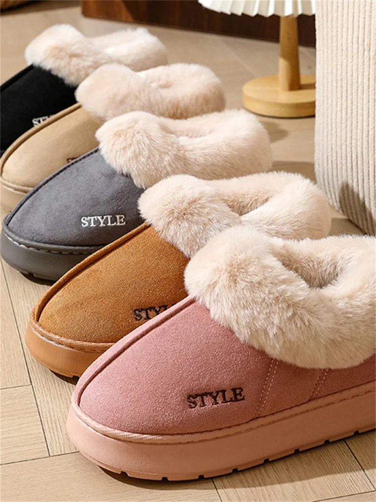Msfilia Winter Large Size Thick Bottom Indoor Suede Slippers Casual Velvet Fur Cotton Shoes Women Anti Slip Slippers