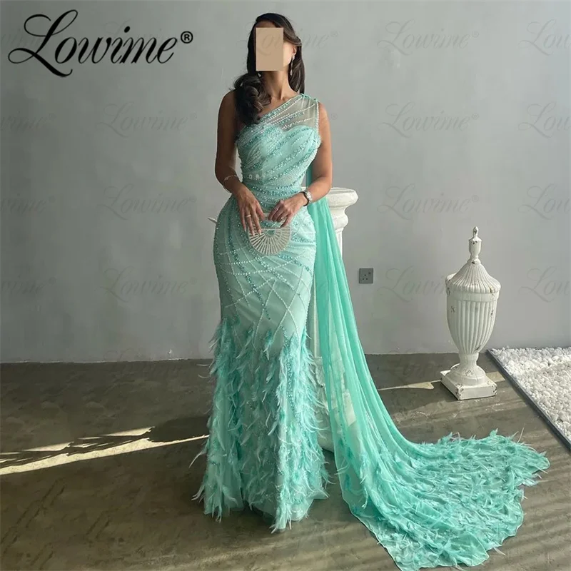 Lowime Mint Green Feathers Evening Dresses Women's Wedding Cape Beaded Handmade Long Celebrity Dresses Robe De Soiree Prom Gowns