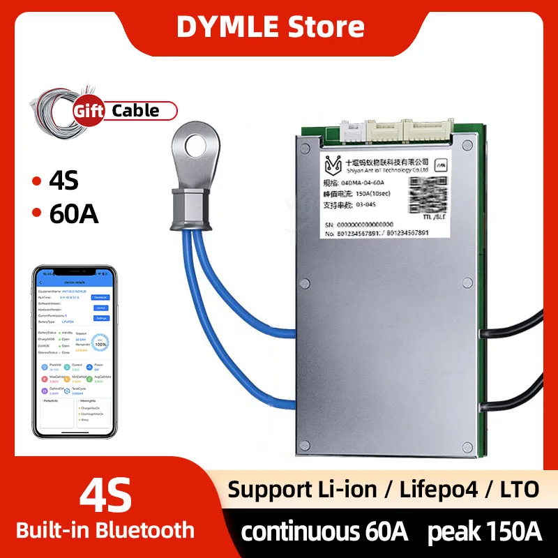 

ANT Smart BMS support 4S Li-ion Lifepo4 Lto Battery 12V Bluetoot Built-in continuous 60A peak 150A Smart Balance Board Same Port