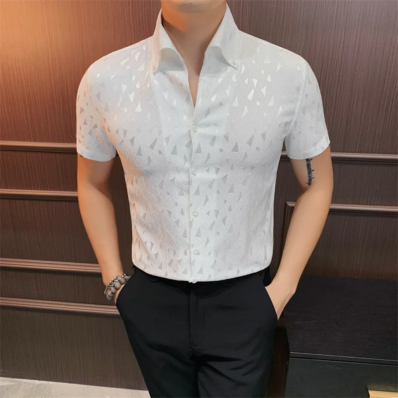 Summer Printed Shirt for Men Short Sleeved Casual Business Dress Shirts Big Lapel Social Party Tuxedo Blouse Male Clothing M-4XL