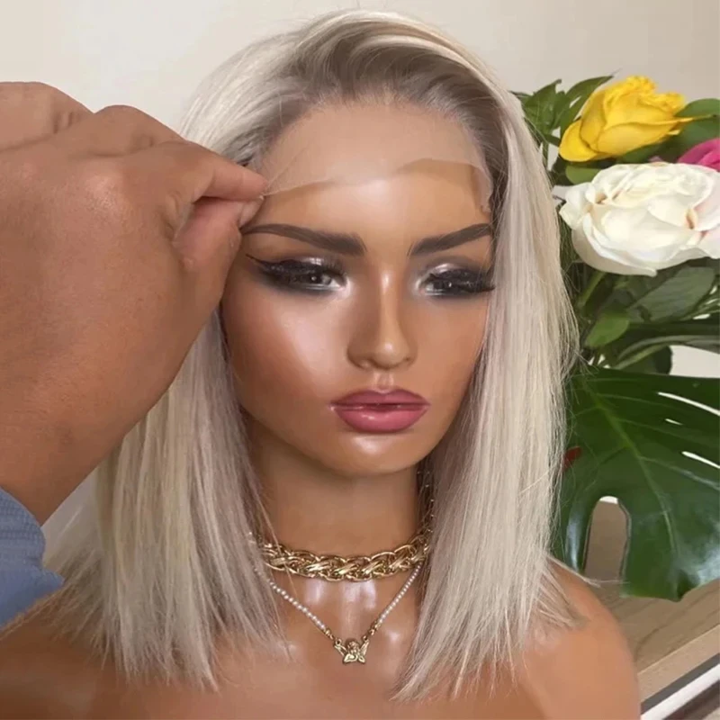 

Real Human Hair Wigs Omber Icy White Blonde Lace Front Wig Silky Straight Short Bob Lace Wig HD Women 13x4 Lace Front Wig Sale