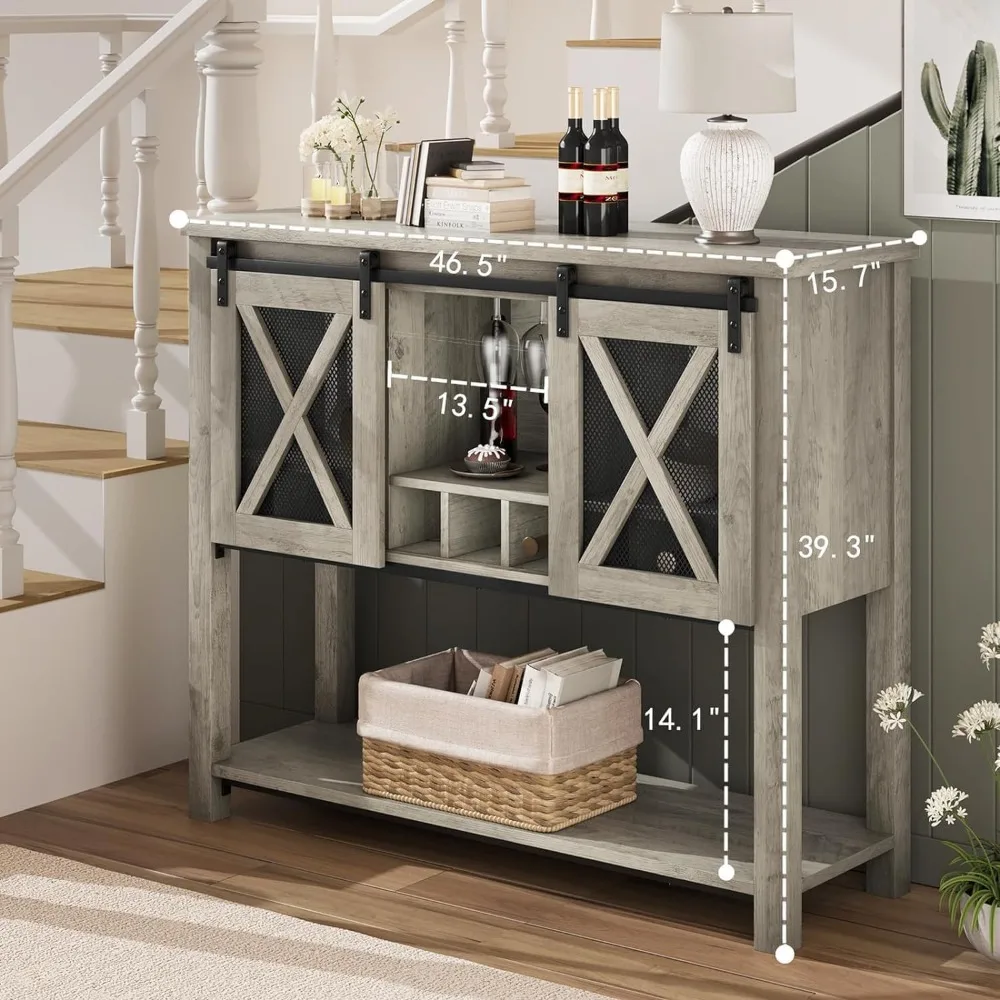 Armoire de bar à vin avec porte coulissante de grange, armoire à café avec casier à vin et support pour verres, buffet de cuisine.