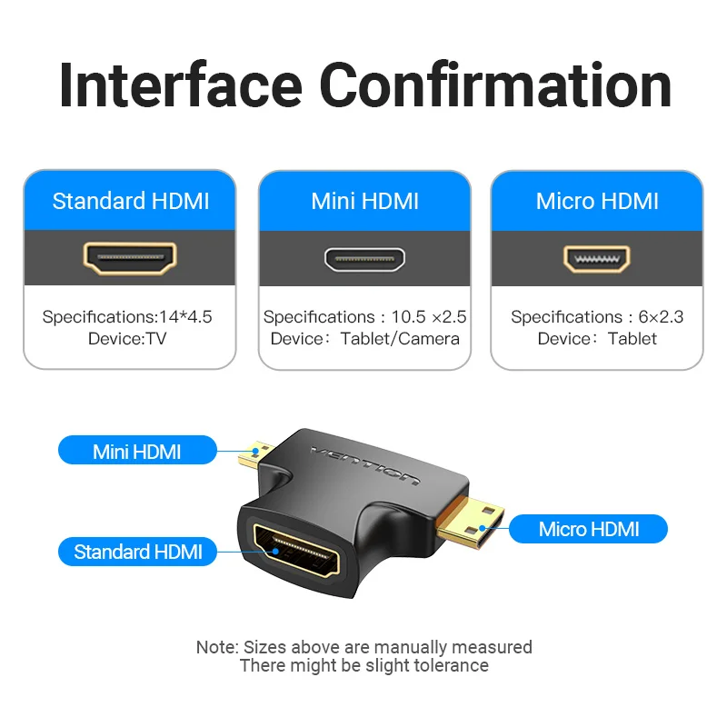 Переходник HDMI / Micro HDMI 2 в 1, Vention, 3D 1080P, штекер-гнездо для ТВ, монитора, проектора, камеры