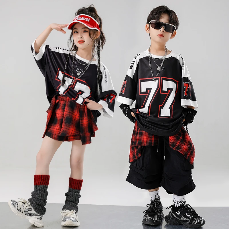 Boys Hip Hop Outfit T-shirt Shorts Girls K-pop Oversize Top Street Dancing Skirt Children Streetwear Kids Jazz Stage Clothes Set