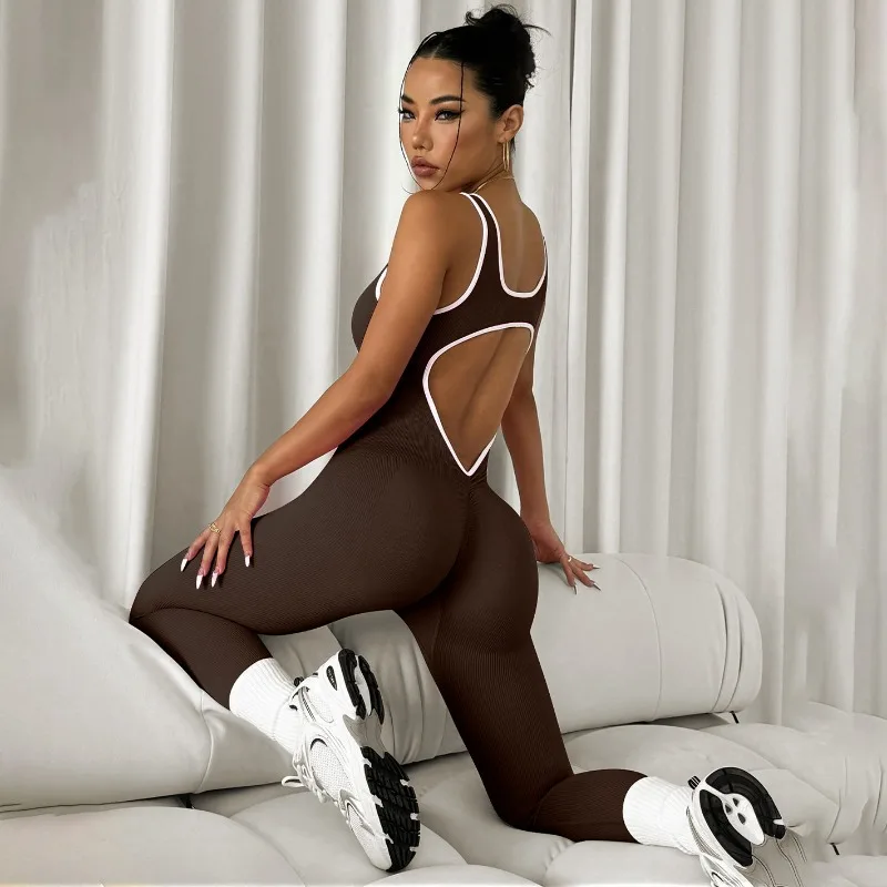 Roupa esportiva de uma peça sem costura com design bonito nas costas, sem mangas, justa, levantamento de quadril, secagem rápida, roupa de ioga com nervuras