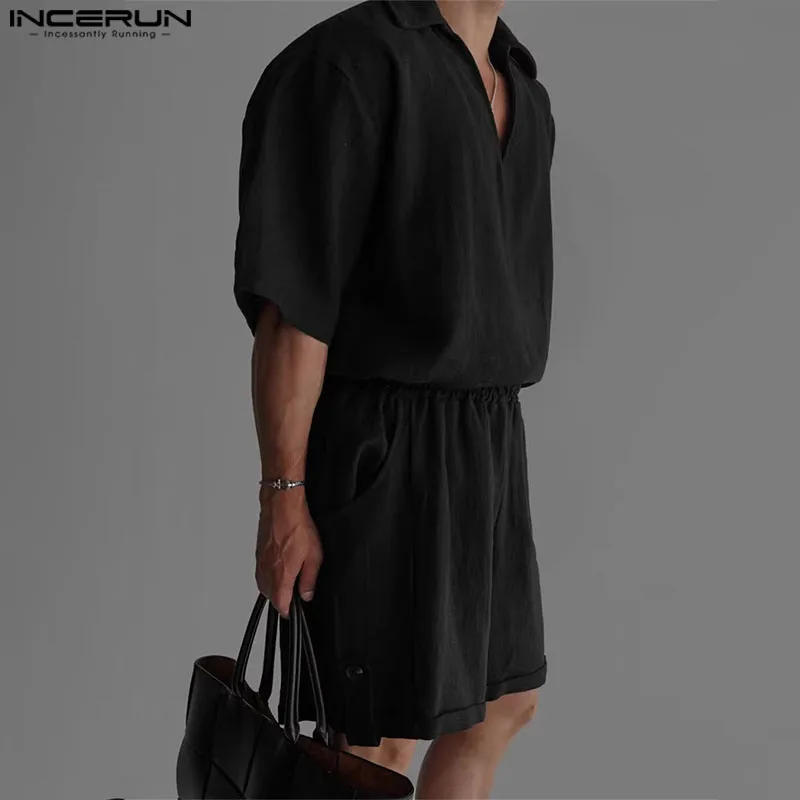 

INCERUN Men Sets Solid Color Lapel Short Sleeve Shirt & Shorts Two Pieces Sets Summer Streetwear 2025 Loose Casual Men's Suits