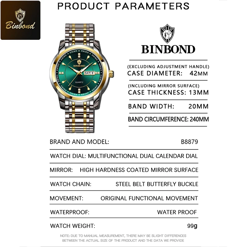 Брендовые кварцевые часы BINBOND для мужчин, элегантные водонепроницаемые светящиеся мужские часы с датой недели, спортивные мужские часы из нержавеющей стали Reloj