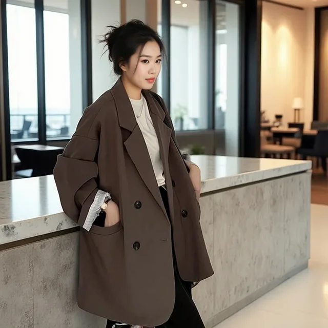 Oversize blezer kobiety garnitur w koreańskim stylu szykowny czarny blezer płaszcz na co dzień Streetwear luźne kurtki solidne damskie kurtki studenckie