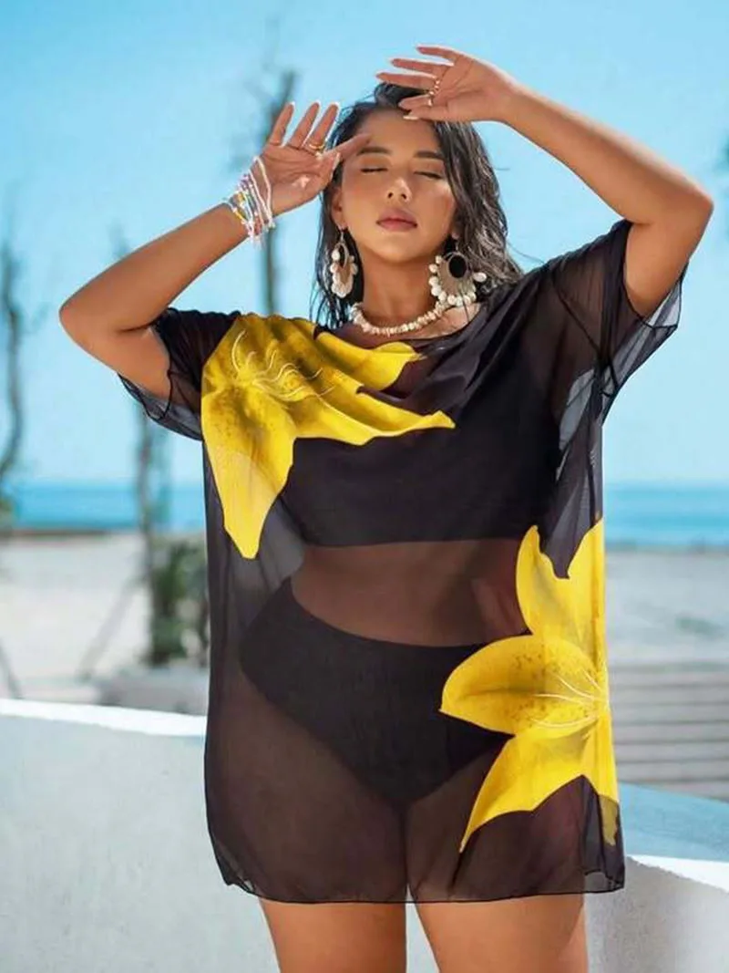 여성 꽃 프린트 수영복 빈티지 수영복 세트 비치 드레스 휴가 스타일 반팔 태양 보호 셔츠 커버 업 세트