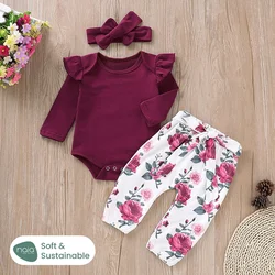 PatPat 3pcs Baby Girl Solid Cotton Ribbed Ruffle Long-sleeve Romper and Floral Print Naia™ Belted Pants & Headband Set